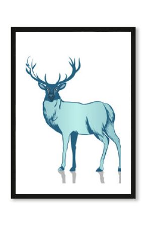Stag is standing in flat design with white outline, blue and teal shades, transparent background