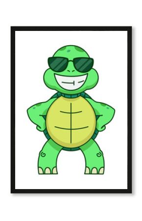 Cartoon turtle is standing in flat design, wearing dark green sunglasses on transparent background