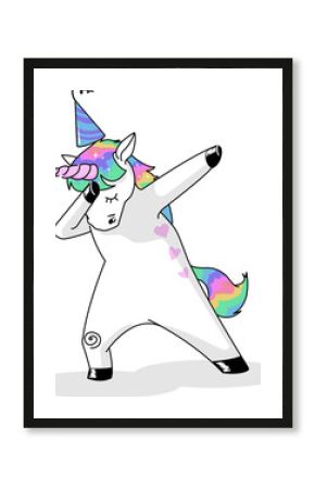 Flat design unicorn is dabbing on transparent background wearing striped party hat with oval shadow