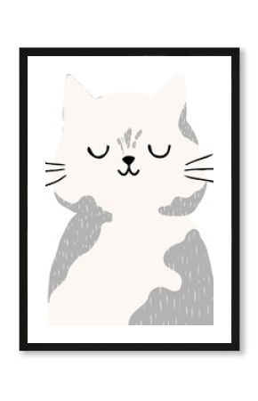 Cartoon cat is sitting with grey patches, closed eyes in flat design on transparent background