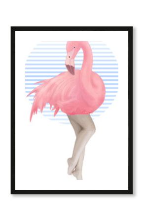 Surreal flamingo-human hybrid is standing in flat illustration, with striped circle, transparent