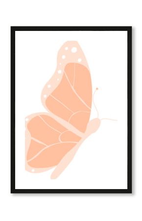 Peach butterfly is fluttering in transparent flat design featuring veined wings and white spots