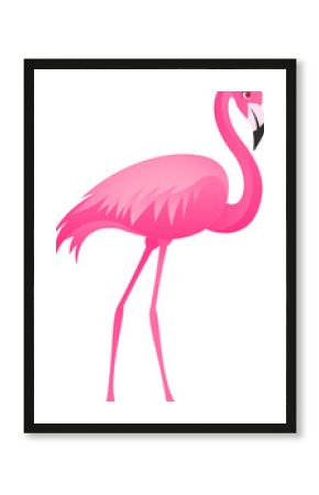 Stylized flamingo is standing in profile with curved neck and slender legs, transparent background