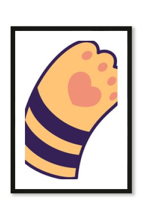 Stylized cat paw is appearing in flat vector showing heart pad striped leg transparent background