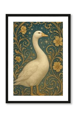 Elegant goose amidst floral patterns.