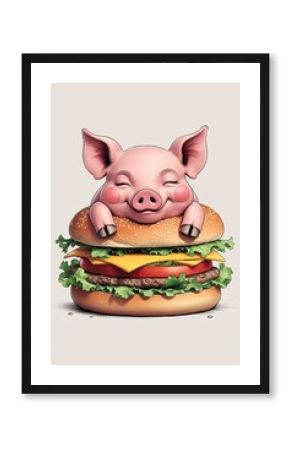 A pink piglet lies between a hamburger bun.