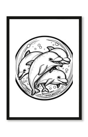 A group of dolphins dancing in a circle underwater, smiling faces, thick black lines, coloring book style, shown near rocky coastline for cinematic effect