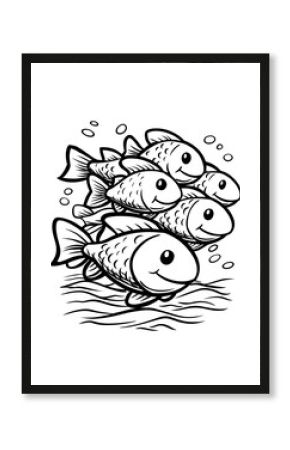A group of fish swimming together in a school, smiling faces, bold outlines, coloring book style, no color, under golden hour light in open waters