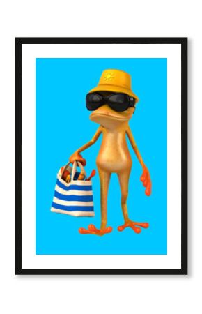 Fun 3D cartoon frog with a beach bag
