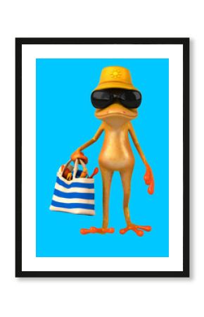 Fun 3D cartoon frog with a beach bag
