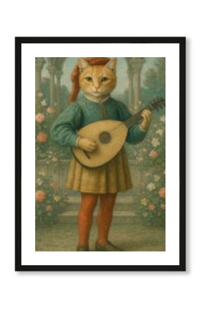 Whimsical cat playing lute