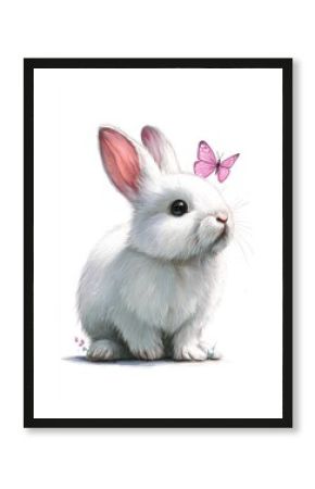 Cute white bunny with pink butterfly