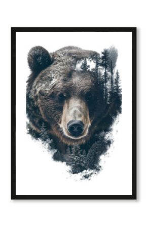 PNG Bear with Winter trees and snow wildlife exposure double.