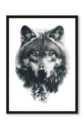 PNG Wolf with trees animal design art.