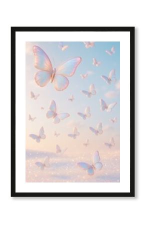 Ethereal butterflies in pastel sky.
