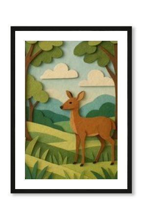 Whimsical deer in paper forest.