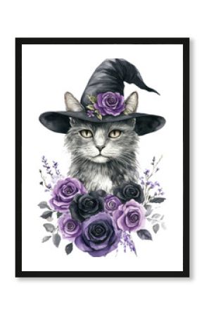 PNG Cat witch with purple and black roses art illustration watercolor.