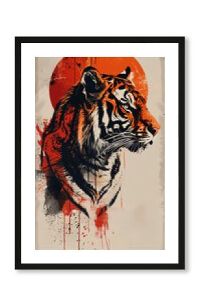 Striking Tiger Profile with Orange Sun Abstract Art Poster - Ideal for Modern Wall Decor, Print, Card, or Poster