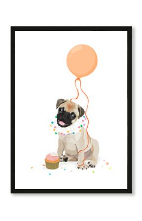 PNG pug puppy sticker, party balloon and cupcake illustration, transparent background