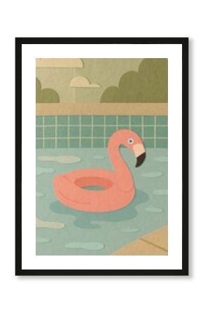 Playful paper flamingo poolside.
