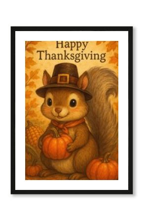 Cute squirrel with pumpkins illustration.