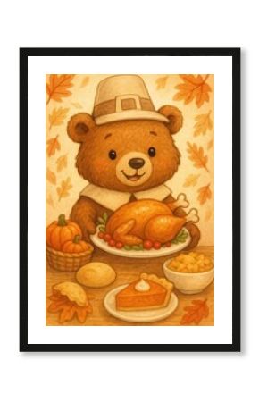 Adorable bear celebrates Thanksgiving feast.