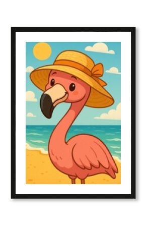 Cheerful flamingo wearing sunhat