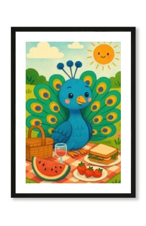 Colorful peacock enjoying picnic