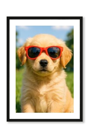 Cute puppy wearing sunglasses outdoors.