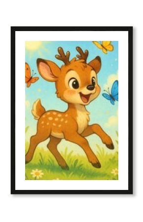 Joyful deer with colorful butterflies.