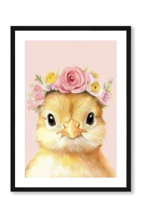 Cute baby chicken flowers illustration background.