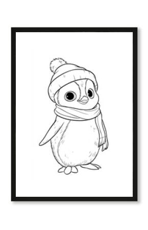 Cute penguin in winter hat and scarf. Coloring page (1)