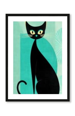 Black cat sitting in mid century modern atomic style illustration
