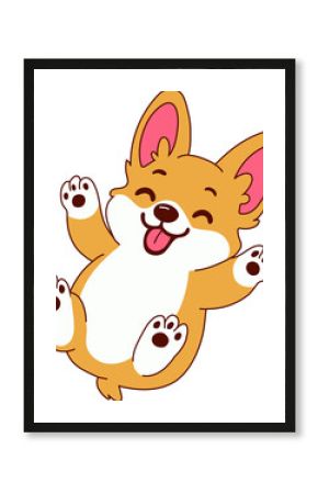 Cartoon corgi dog lying on back with paws up and happy face