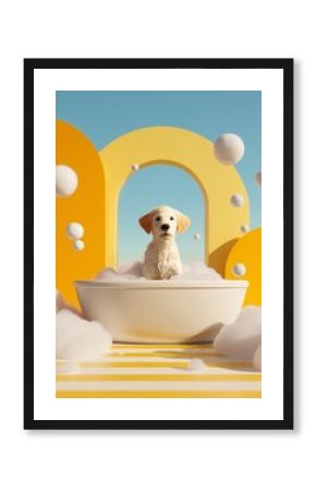 Pampered Pooch in a Bubbling Bath: A delightful golden retriever enjoys a relaxing bath, surrounded by playful bubbles and whimsical shapes, embodying the essence of canine contentment.