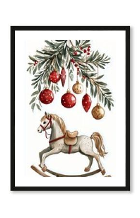 Rocking Horse With Holiday Decorations and Greenery in Festive Setting.