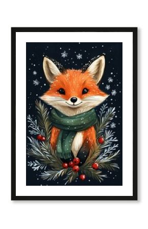 Charming Fox in Winter Setting Wearing a Scarf Among Evergreen Branches and Berries