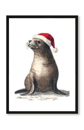 Seal wearing Santa hat illustration animal santa.
