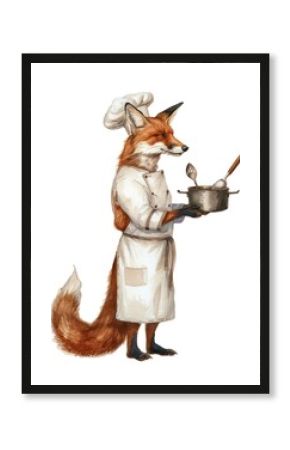 Fox cooking watercolor mammal side view standing.
