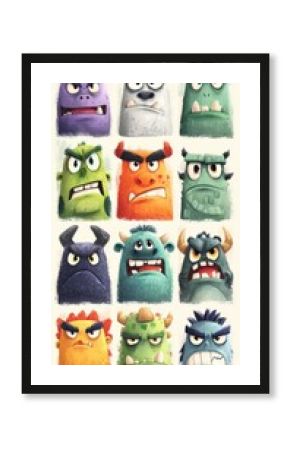 Colorful cartoon monsters with varied expressions in a playful grid layout showcasing personality traits