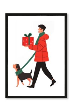 Man joyfully and holding with christmas gift and walking a dog illustration green scarf.