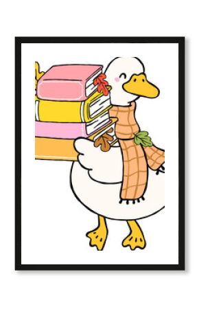 Fall Bookish Silly Goose Reading Carrying Stack Books with Autumn Leaves