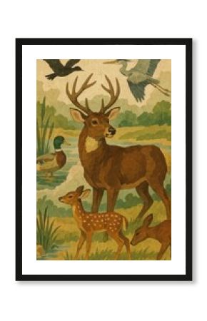 Transform a simple flat vintage magazine (wildlife scene), with collage ripped paper cutouts, vintage magazine texture, and soft shadows. retro style collage, full frame wallpaper