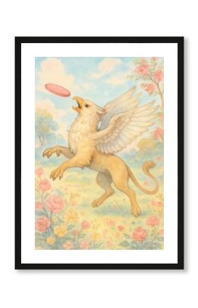 Whimsical griffin in floral meadow.