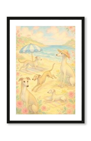 Whimsical beach scene with dogs.