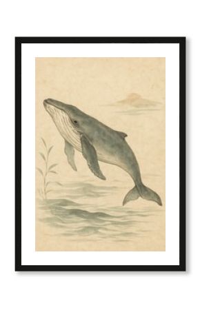 Whale swimming in traditional art.
