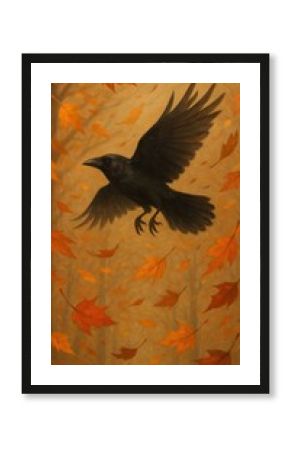 Crow amidst falling autumn leaves.