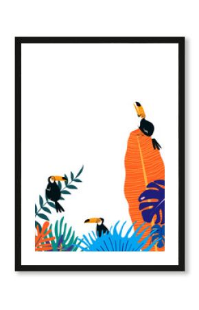 Botanical border frame png, colorful summer aesthetic tropical collage element with toucan, transparent background