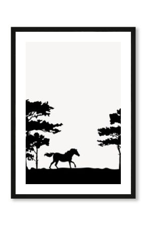 Silhouette nature background, horse running in forest illustration