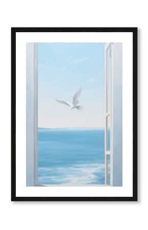 A white dove outside the window with seascape background flying bird architecture.